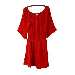Michael Stars Red Fernanda Smocked Waist Off Shoulder Gauzy Dress Size Large